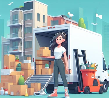 a woman moving a truck with boxes and boxes