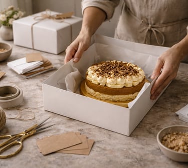 Imagem de bastidor: mãos finalizando sobremesa embalagem sendo preparada bancada limpa visual artesanal e organizado
