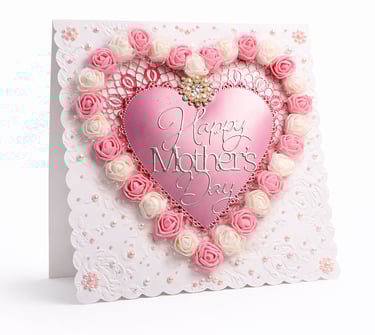 Elegant Happy Mother's Day card featuring a pink heart surrounded by white and pink roses. 