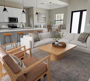 Digitally staged view of living room and kitchen with sofa, dual color kitchen cabinets, calacata 