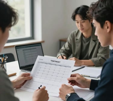 Wide environmental shot of two people seated at a meeting table reviewing a printed tax planning calendar, papers and a laptop open between them, daylight from large windows to the left, no posed smiles