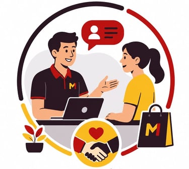 Ilustración de un representante de atención al cliente ayudando a un comprador con sus compras