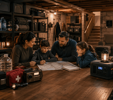 A family reviews an emergency preparedness plan in a basement with survival supplies and a portable power station.
