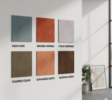 Six square interior paint color samples on a white wall including Aqua Haze and Smoked Paprika.