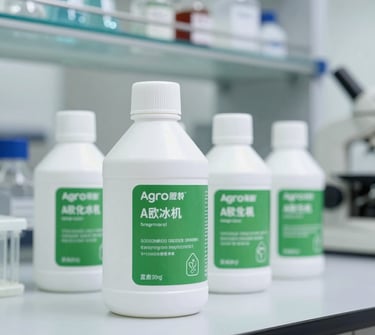 Rows of chemical containers with green labels symbolizing agrochemical products in a warehouse.