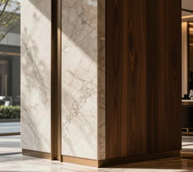 Close-up of premium natural materials like marble and dark wood in a modern luxury lobby, soft overcast daylight, rich warm tones, deep shadows, high-end editorial style
