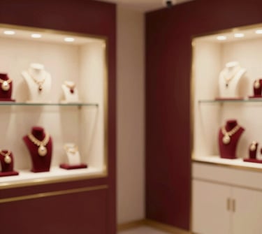 A warm editorial photograph of an elegant jewelry showroom interior in Gurugram, soft side-lighting, rich maroon and cream tones, macro detail, shallow depth of field, 35mm