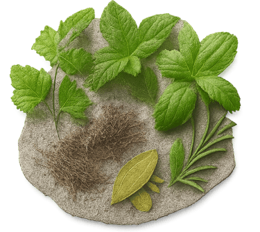 Close up of fresh green herbs and dried plant materials scattered on a stone surface.