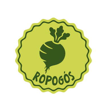 Zöld kör alakú jelvény, amelyen egy cékla sziluettje és a ropogós élelmiszerek magyar neve, a „ropog