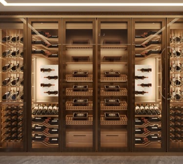 A dark modern bar cabinet system with integrated wine display, ideal for contemporary interiors