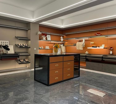 Rich wood-tone closet style with refined display and storage balance.