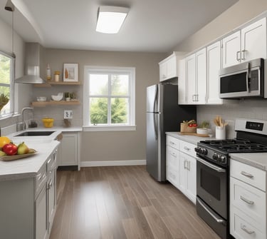 silver top mount refrigerator beside white wooden kitchen cabinet