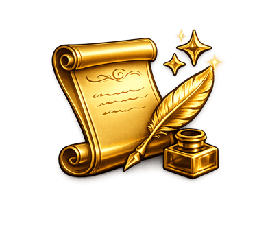 Golden quill pen with inkwell and magic parchment scroll icon on a black background.