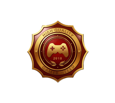 Gold and red high quality gamer guaranteed seal featuring a video game controller icon.