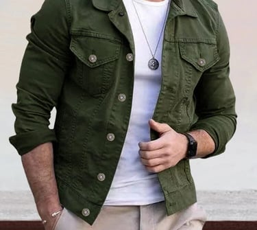a man in a green army jean jacket and white shirt