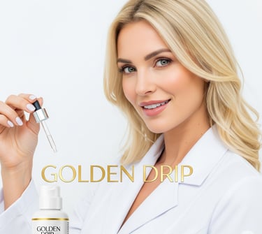 a woman in a white lab coat holding a bottle of golden droplet