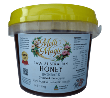 raw ironbark australian honey 1kg tub with a yellow lid