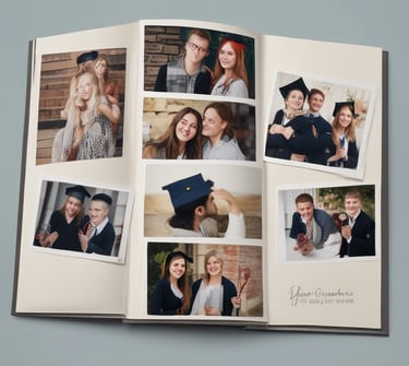 A person holding an open photo album featuring various photographs. The left page displays several small photos of landscapes and architectural structures organized in a grid. The right page shows a larger photo depicting a serene outdoor scene with trees and a river.