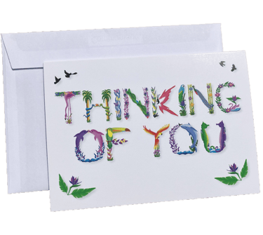 A Thinking Of You greeting card printed in tropical exotic wordart
