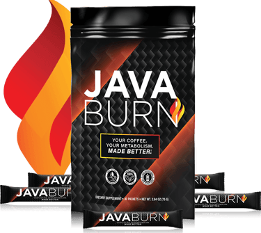 Java Burn metabolism booster dietary supplement packets and pouch with a flame graphic background.