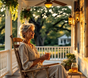 a shady porch in the South where people where a woman in a rocking chair is drinking southern sweet