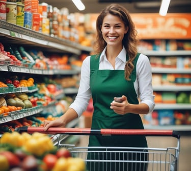 A shopper selecting fresh produce in a grocery store.