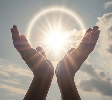 a person holding their hands up to the sun