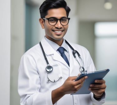 a male doctor in a white lab coat and tie dye