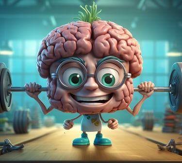image humour cerveau heureux s'entrainant avec haltère symbolisant l'entraînement par neurofeedback