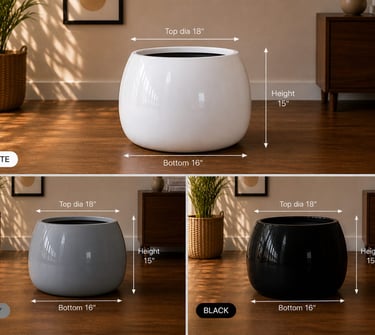 Round glossy frp planters in white, grey, and black with dimensions for modern home decor.