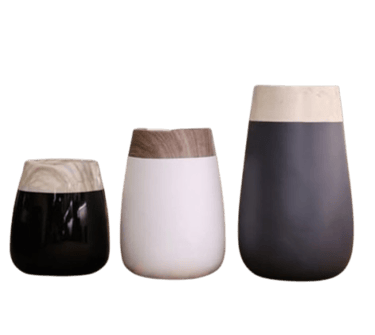 three vases with a wooden base and a vase with a wooden base