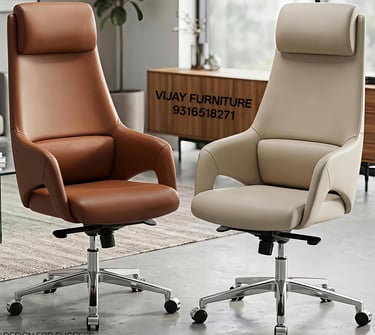 Two premium high-back executive office chairs in brown and beige leather by Vijay Furniture