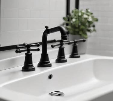 Black faucet with handles and water flowing into sink representing faucets and fixtures services in