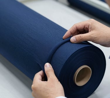 Close-up of a textile quality inspector's hands checking a roll of fine-gauge navy blue jersey fabric under bright white inspection lights, 35mm