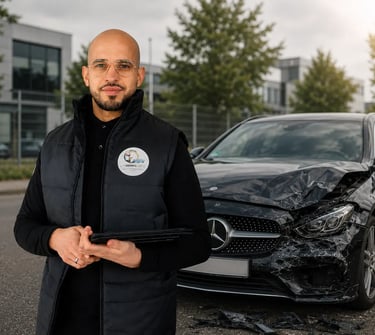 Gutachter vor beschädigtem Auto