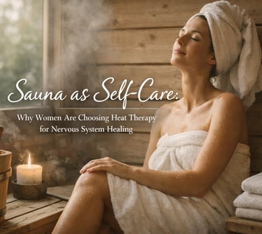 A woman relaxing in a steam-filled wooden sauna for heat therapy and nervous system healing self-care.