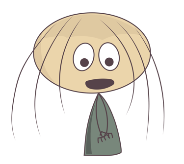 A minimalist cartoon character with a large oval head, long thin hair, and wide eyes on a black background.