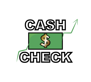 Cash Check Logo: Schwarzer Schriftzug 'CASH CHECK' mit einem grünen Geldschein in der Mitte.