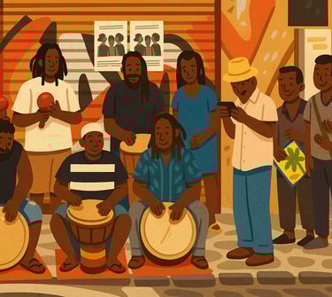 Scène de rue musicale avec tambours (inspirée de Pointe-à-Pitre)Abécédaire de la Caraïbe et Guyane