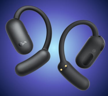 Soundcore Bluetooth wireless earbuds and portable speaker in sleek black design.