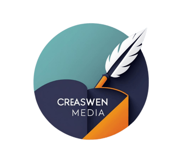 Creaswen Media logo featuring a white quill pen and open book in a modern teal and blue circular design.