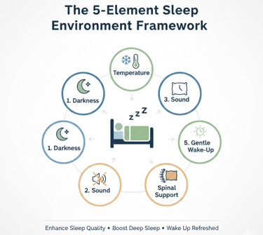 Diagram of the 5-element sleep environment framework to enhance sleep quality and deep sleep.