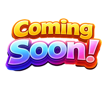 Colorful cartoon style Coming Soon text with 3D gradient letters in yellow, blue, and pink.
