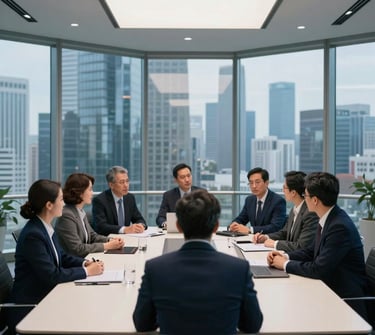 A sharp, professional wide shot of a glass-walled boardroom overlooking a modern skyline. A group of business leaders in formal attire are collaborating. The color palette includes deep blue and dark navy tones with sophisticated off-white highlights.