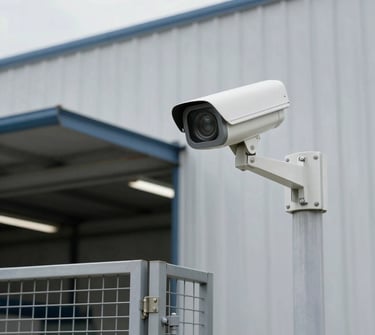 Modern security camera mounted on a building exterior at dusk.