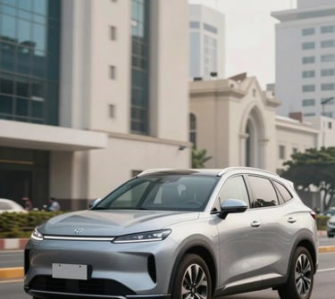 A modern silver SUV driving through the financial district of San Isidro in Lima, soft daylight, professional photography emphasizing vehicle security and protection, with soft off-white and medium blue tones in the environment.