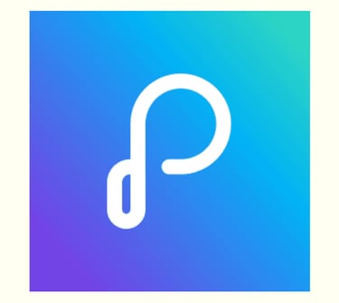 a white and blue logo with a headphone