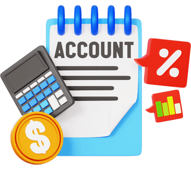"Icon representing commerce tuition availability with a calculator and a finance book."