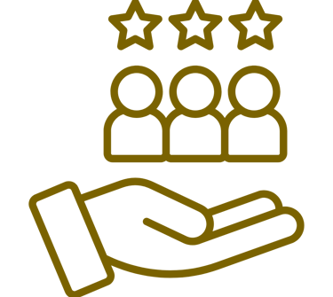 Gold customer review icon showing three person figures and stars held by a hand on a black background.