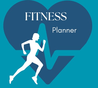 Fitness planner cover with a woman running silhouette over a heart and heartbeat graphic.
